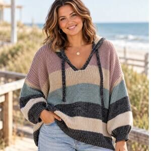 C&C California Striped Hooded Sweater Womens 3X Chunky Knit Multicolor Beachy
